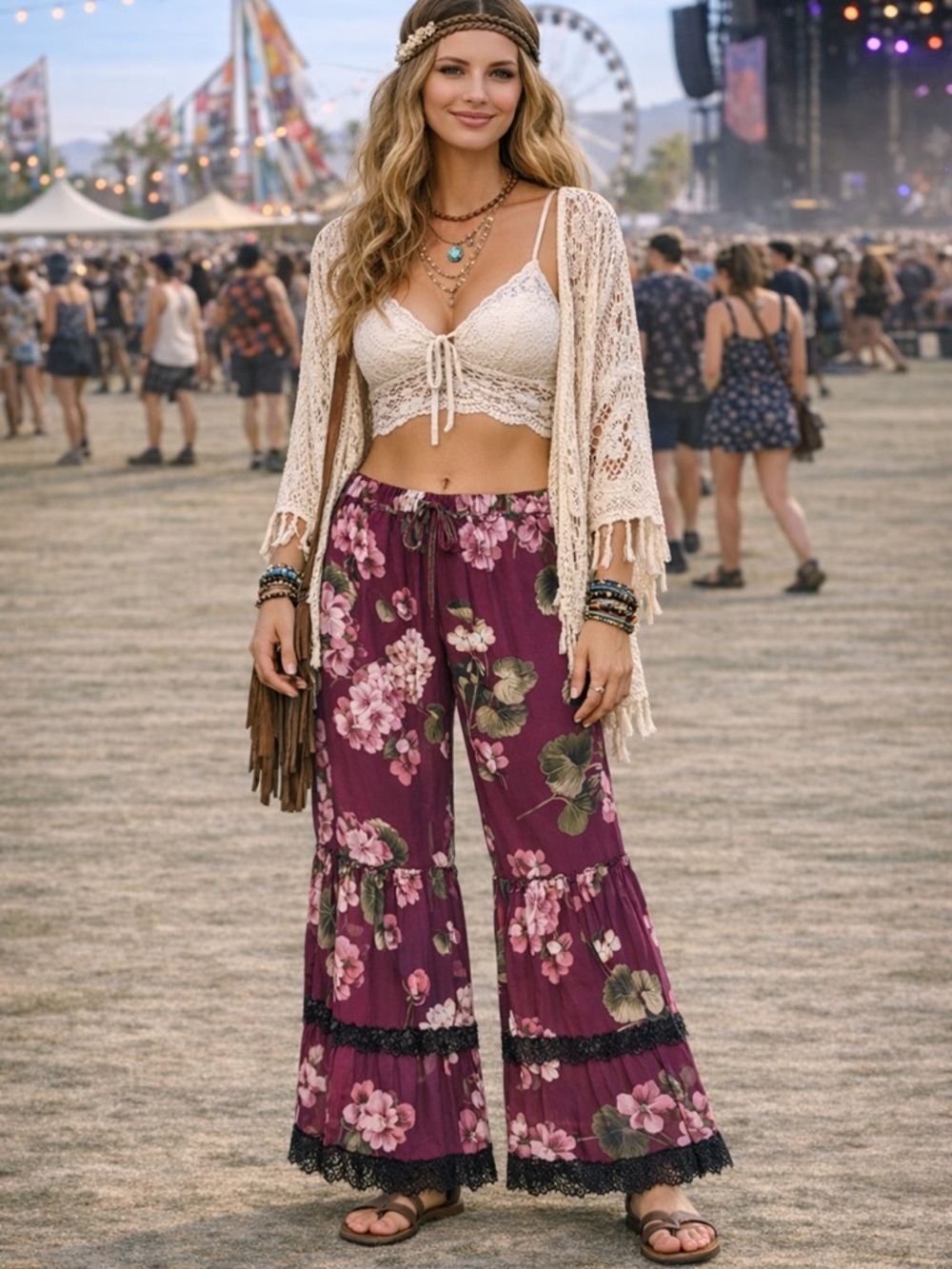 Twin-set Milano Pants M Bobo Ruffles Lace Wide Leg Tiered Bloomers Shabby